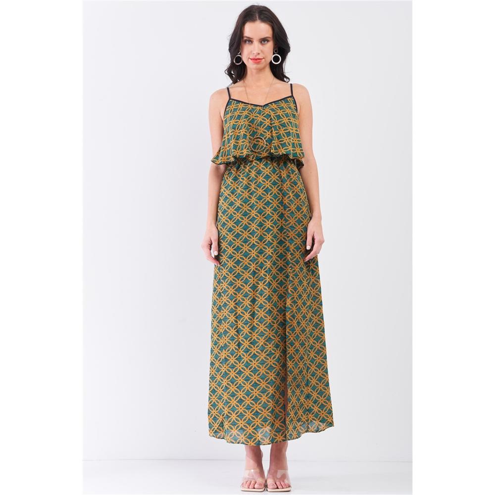 Mustard Multi Printed Sleeveless Criss-cross Back Side Slit Detail Maxi Dress - Picture 1 of 6